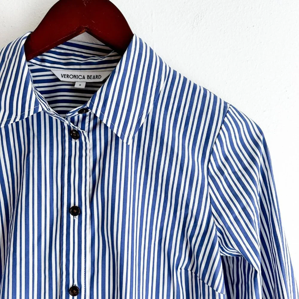 Veronica Beard Libby Striped Poplin Button Down Shirt in Classic Blue - Picture 6 of 10